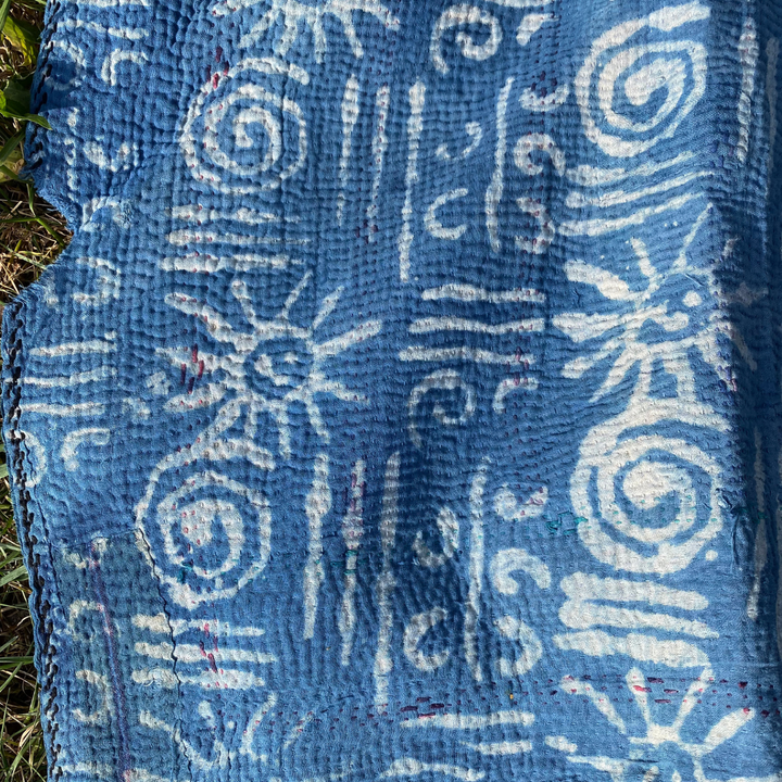 Indigo Block Print Kantha Throw Blanket Quilt