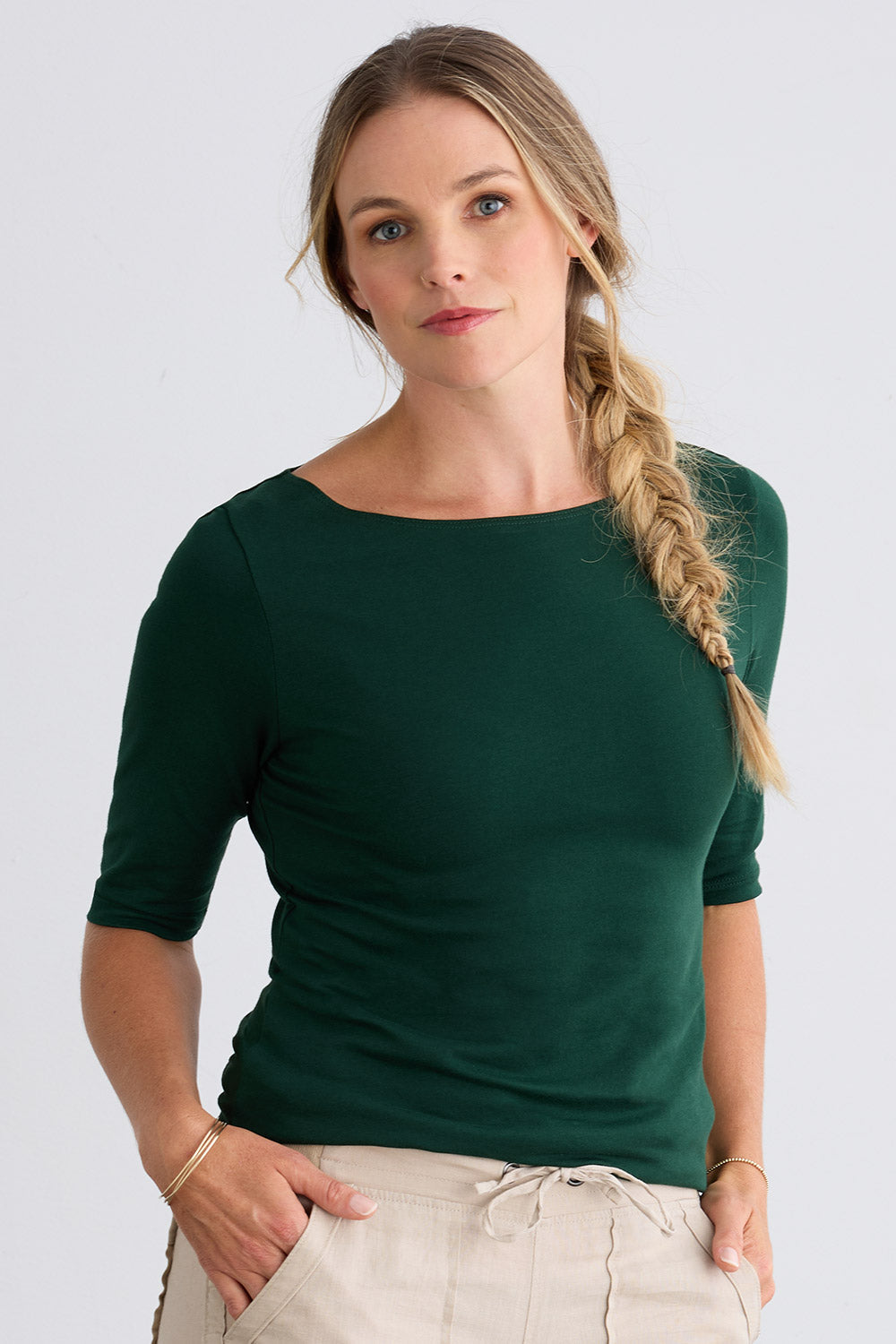 Women's Organic Cotton Elbow Sleeve Boat Neck Top