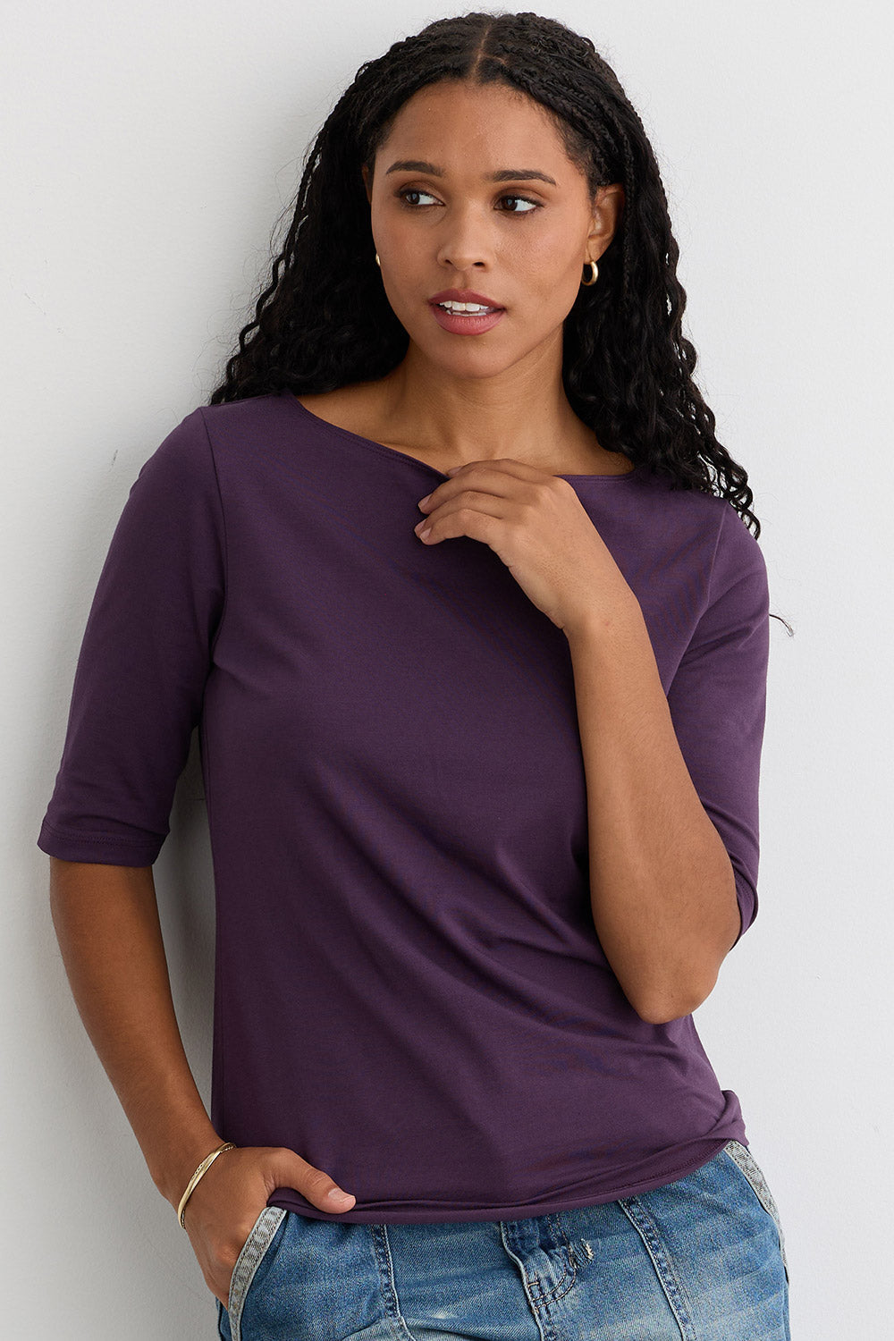 Women's Organic Cotton Elbow Sleeve Boat Neck Top