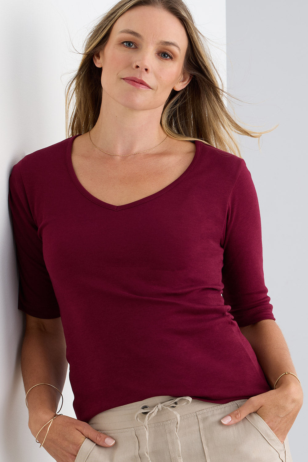 Women's Luxe 100% Organic Cotton Elbow Sleeve V-Neck Top
