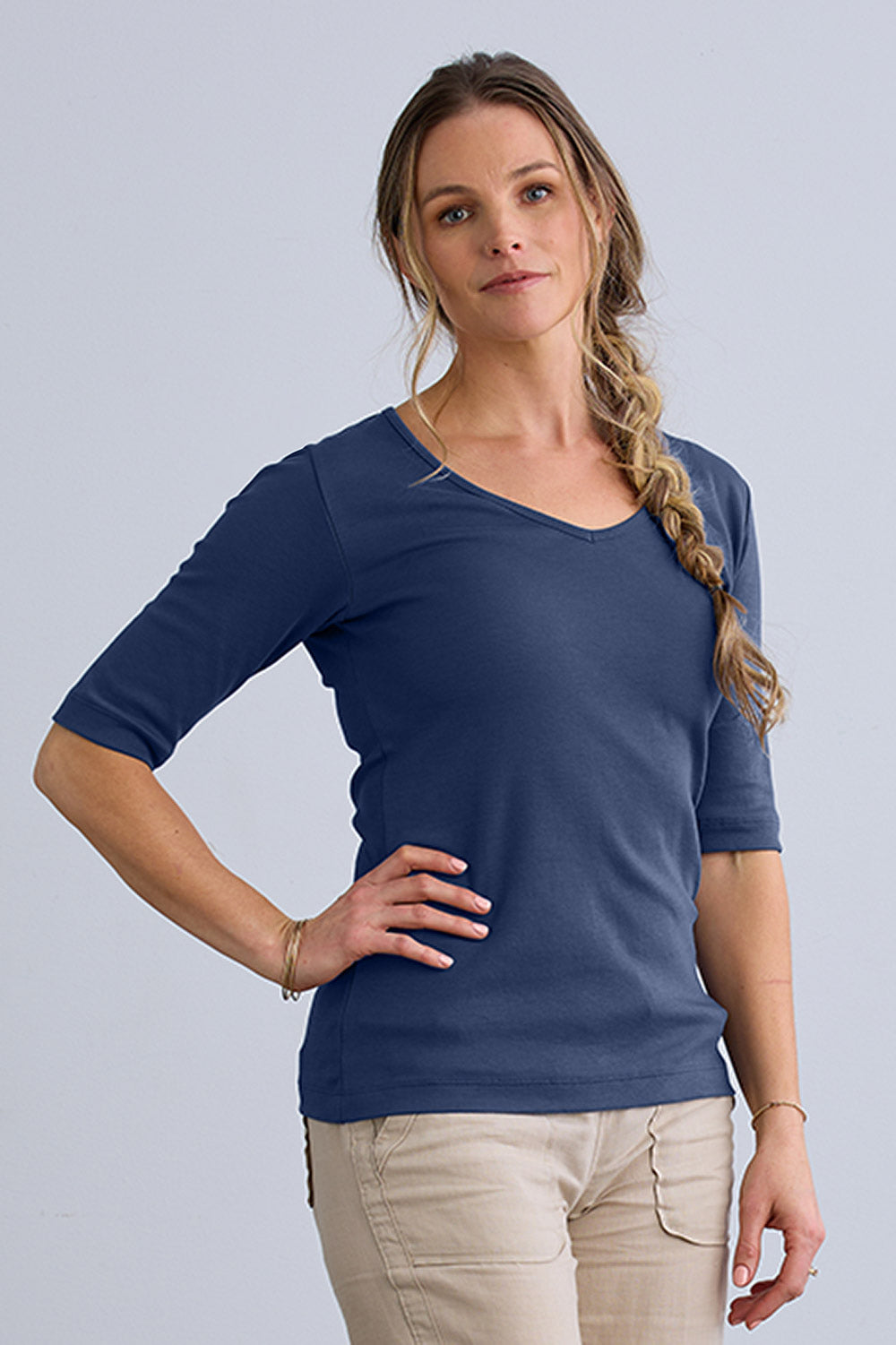 Women's Luxe 100% Organic Cotton Elbow Sleeve V-Neck Top