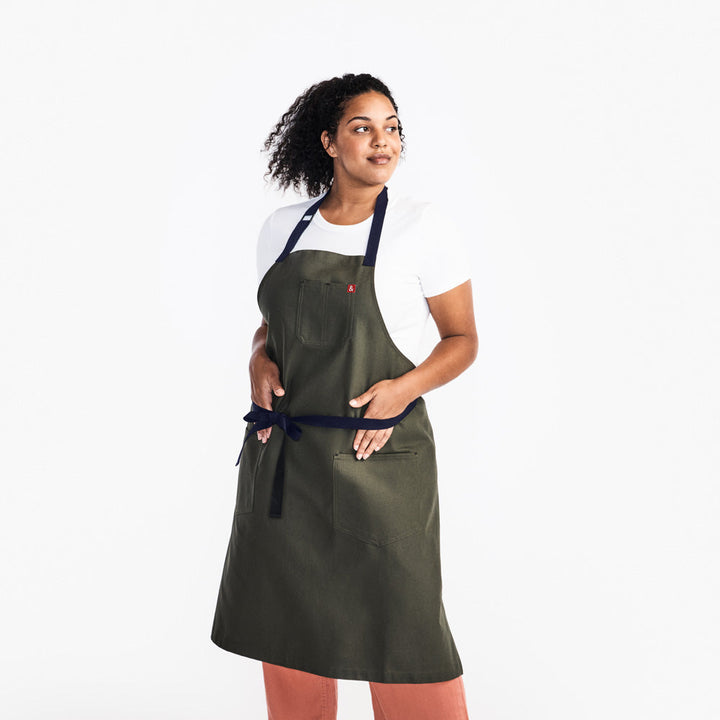 The Big Apron - Olive Green with Navy Straps