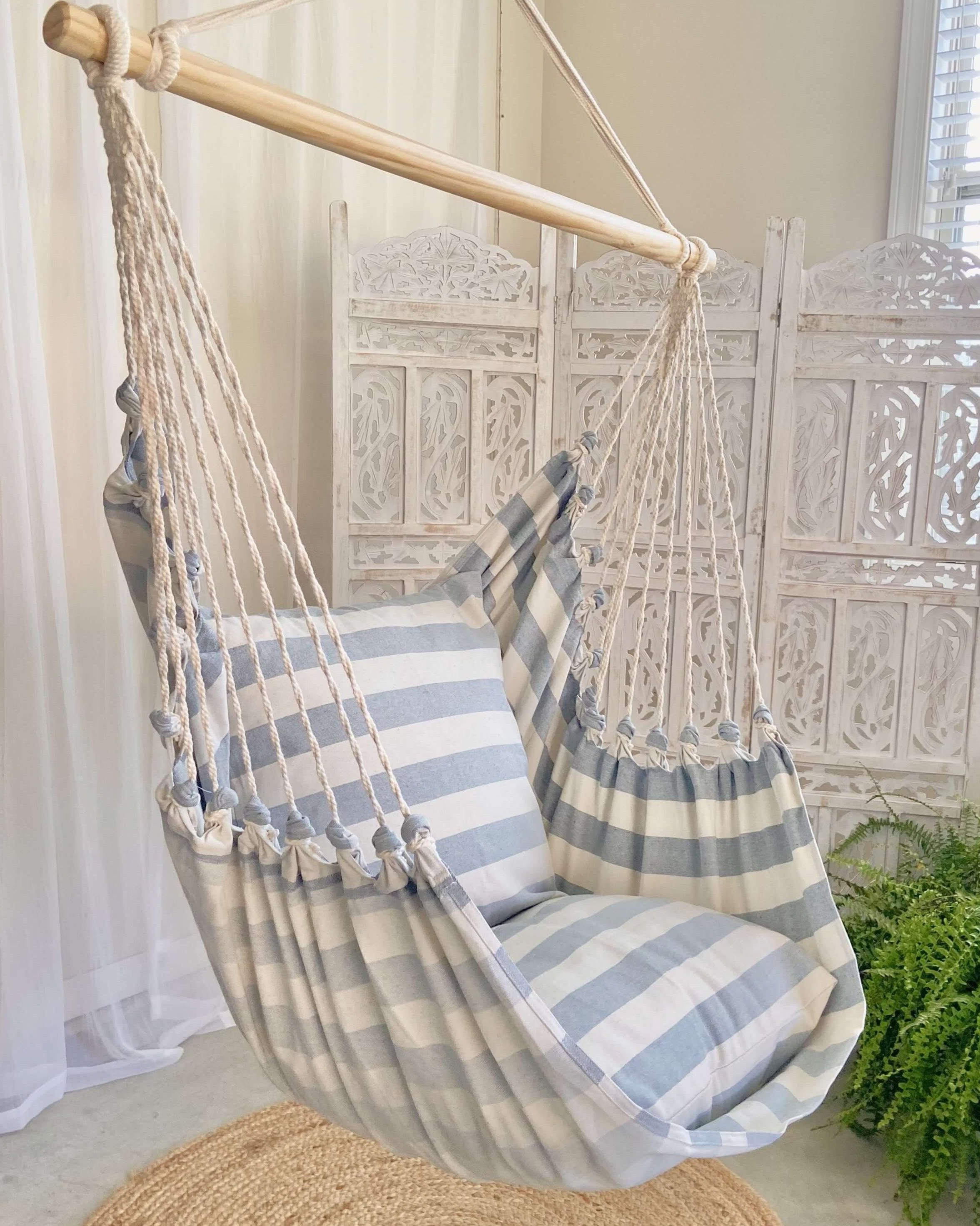 Coastal White and Blue Hanging Chair Hammock | CABANA