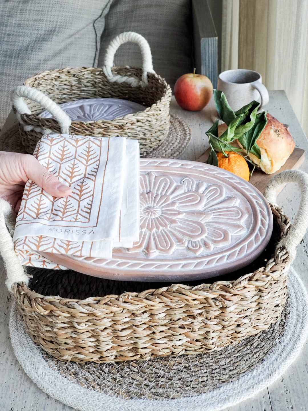 Bread Warmer & Basket Gift Set with Tea Towel - Flower