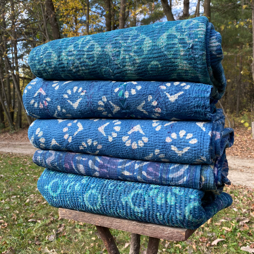 Indigo Block Print Kantha Throw Blanket Quilt