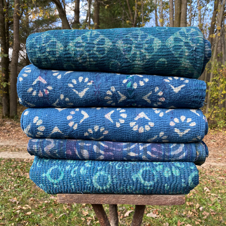 Indigo Block Print Kantha Throw Blanket Quilt