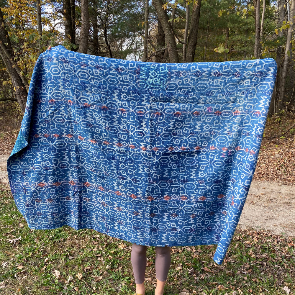 Indigo Block Print Kantha Throw Blanket Quilt