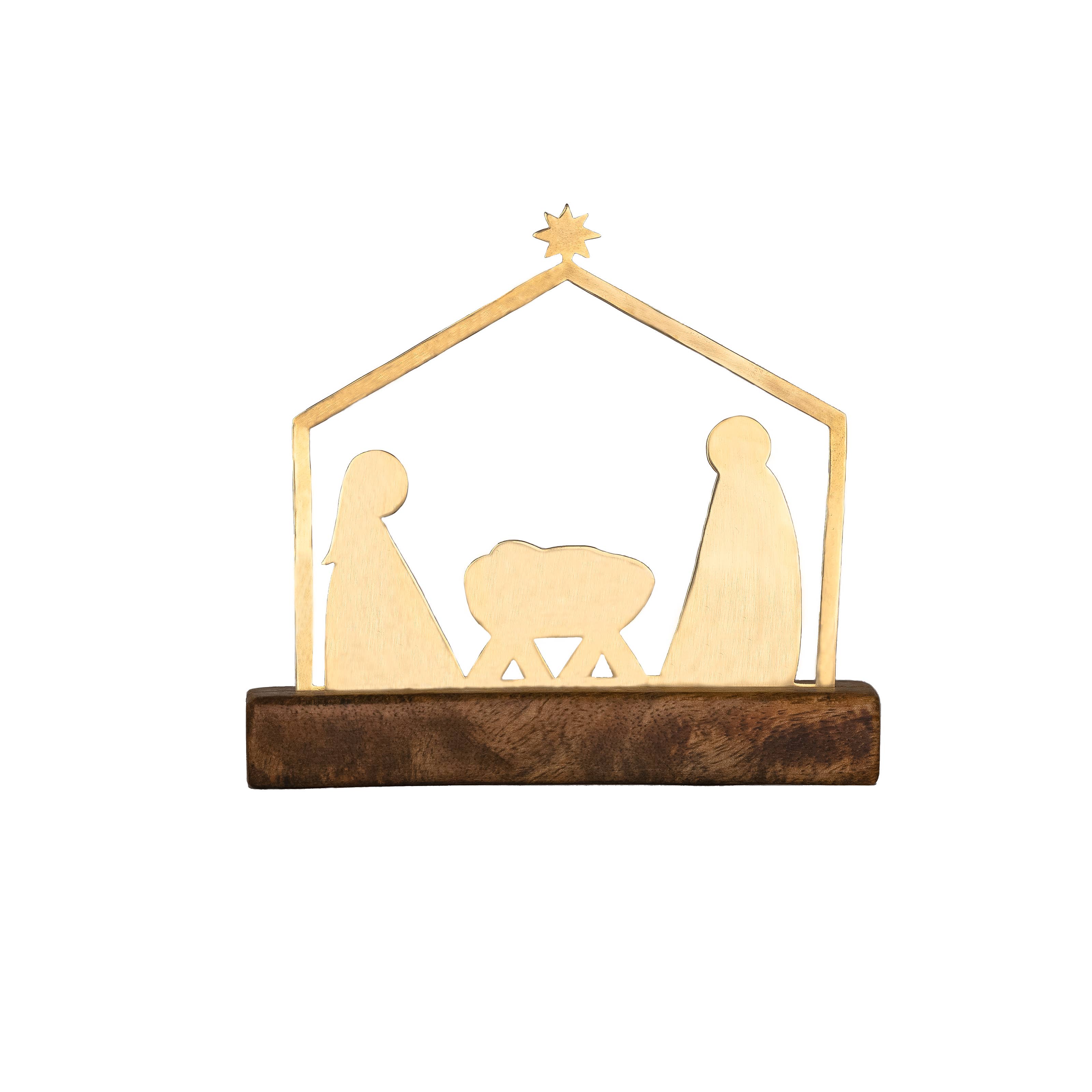 Small Brass Nativity Scene with Mango Wood Stand