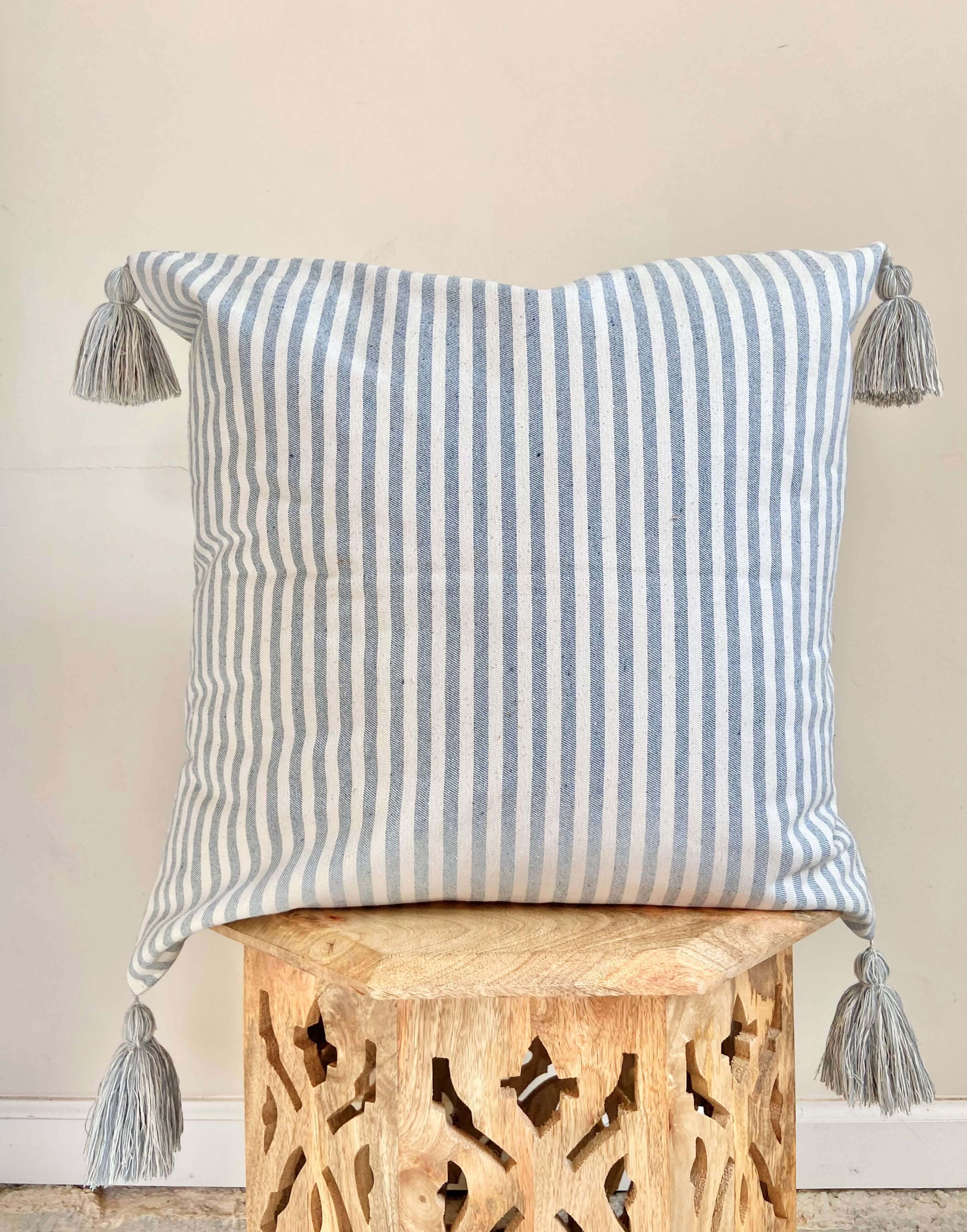 White and Blue Stripe Pillow Cover with Tassels