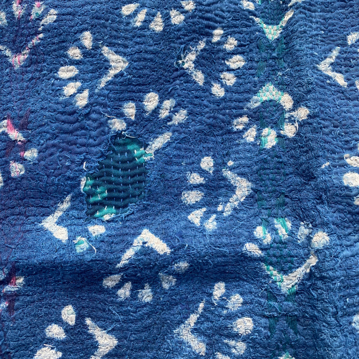 Indigo Block Print Kantha Throw Blanket Quilt