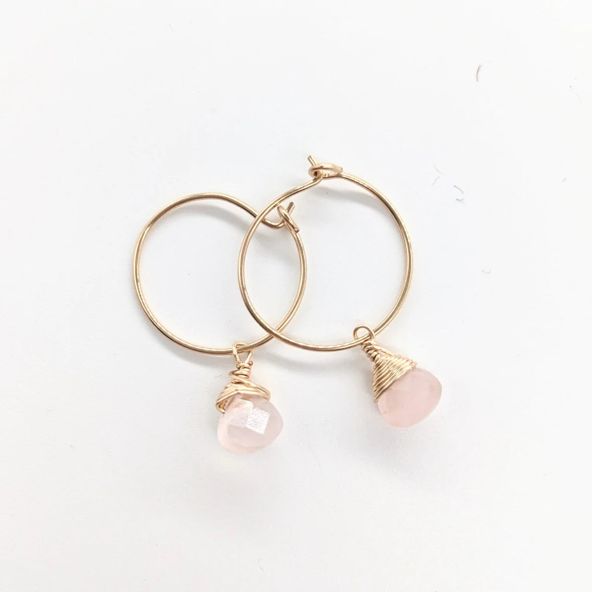 Mini Hoop Rose Quartz Charm Earrings in 14k gold filled