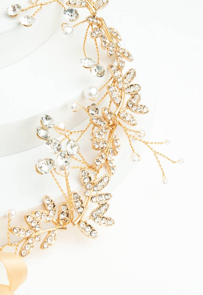 Ethereal Vine Gold Crystal and Pearl Silk Ribbon Headband - Ethical Trade Co
