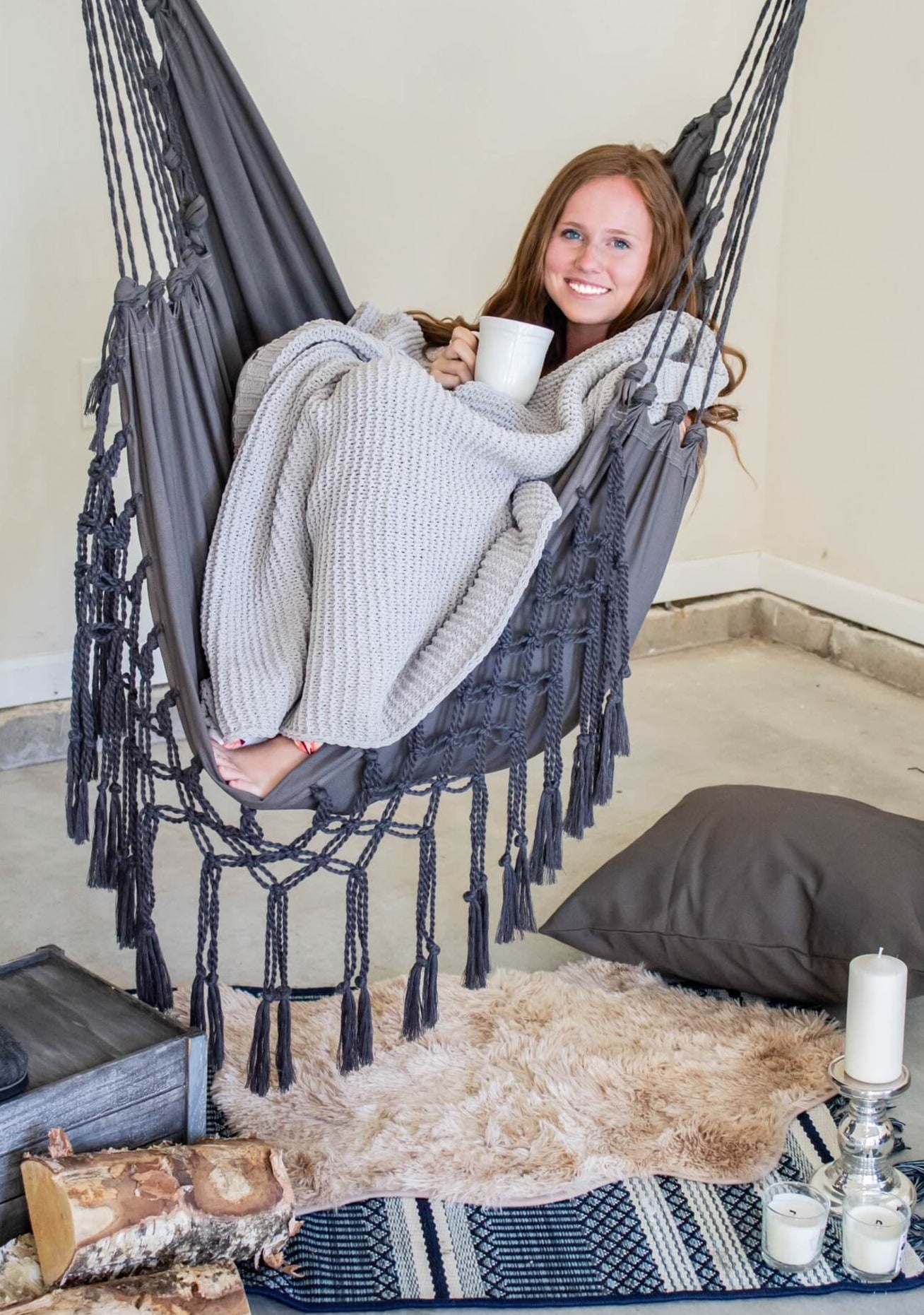 Gray Boho Macrame Hammock Chair Swing | SERENA
