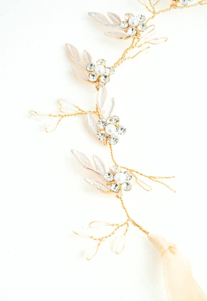 Petite Floral Crystal and Pearl Silk Ribbon Headband - Ethical Trade Co